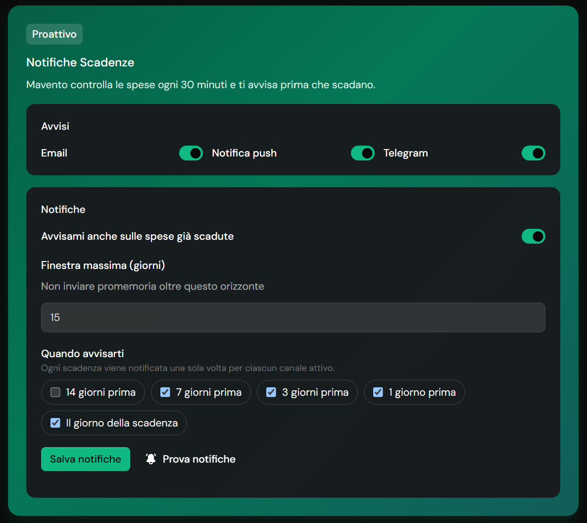 Preferenze avvisi — email, PWA e Telegram