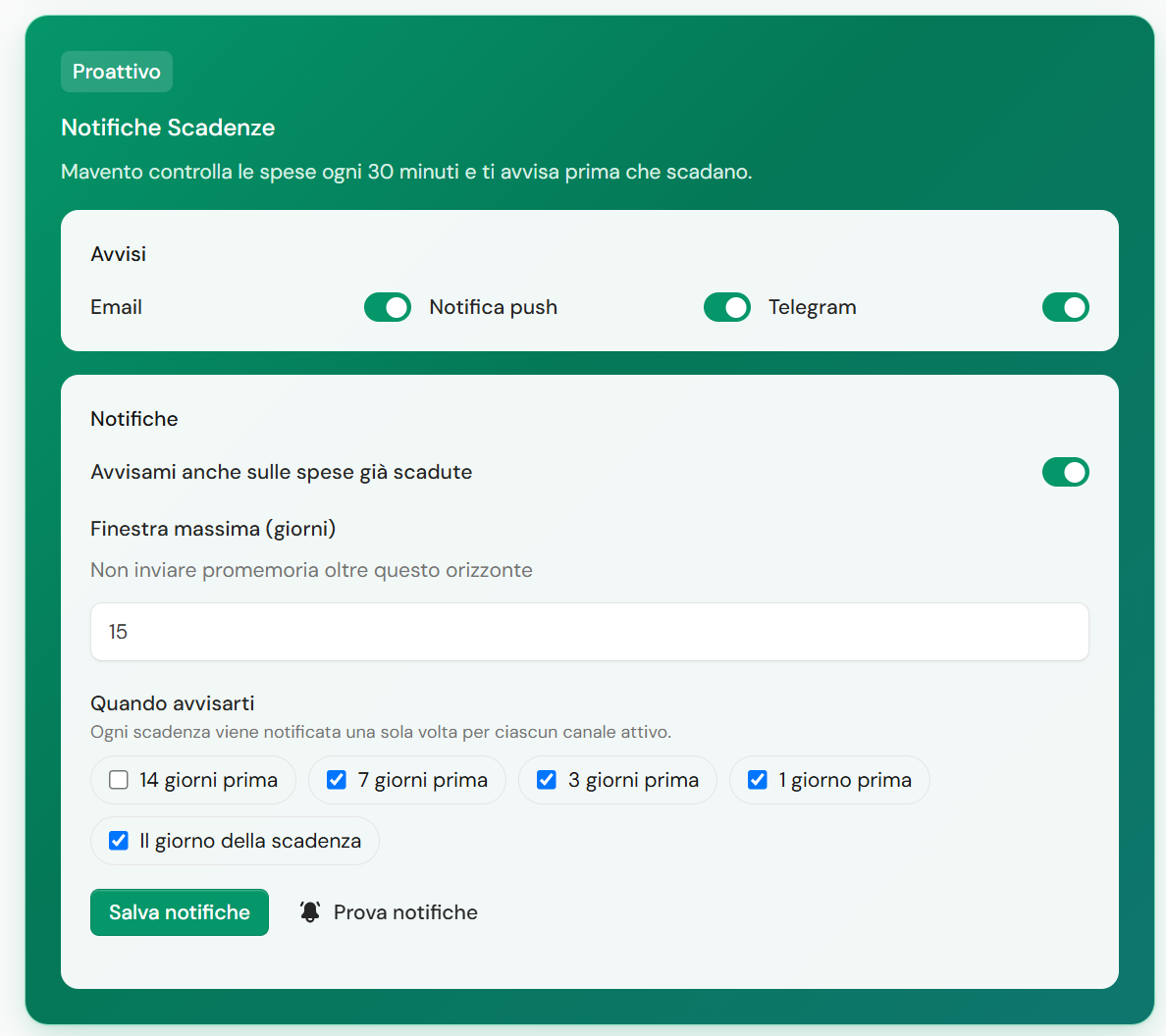 Preferenze avvisi — email, PWA e Telegram